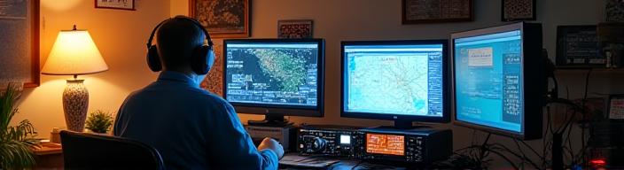 Ham radio operator at a home shack station